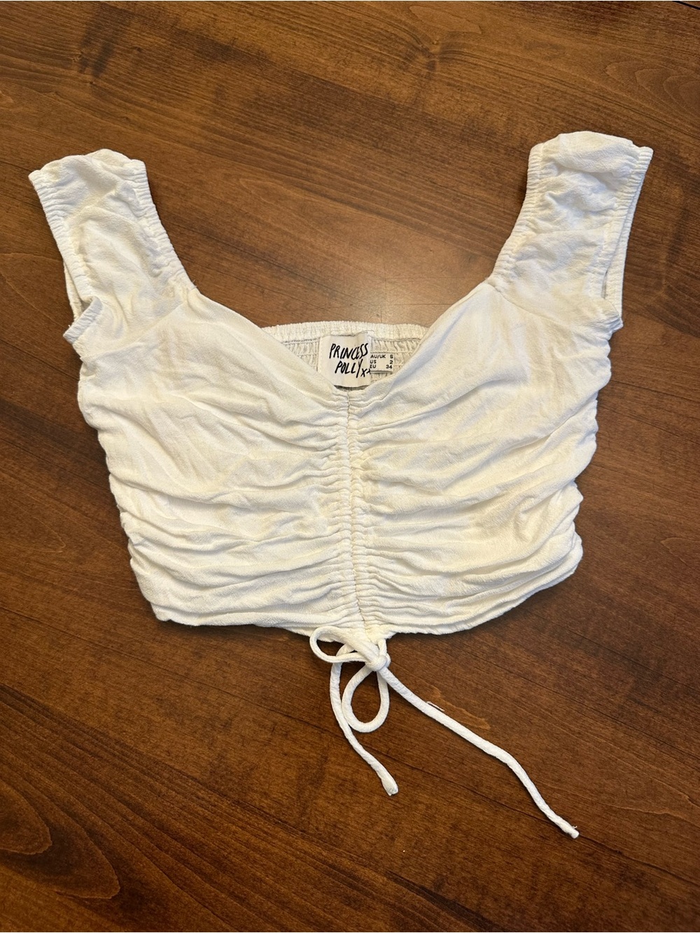 Princess Polly White Ruched Drawstring Crop Top with Cap Sleeves - Picture 3 of 7
